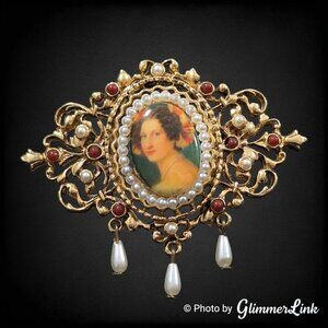 VTG Arthur Pepper ART Lady Portrait Cameo Filigree Faux Pearl Gold Tone Brooch